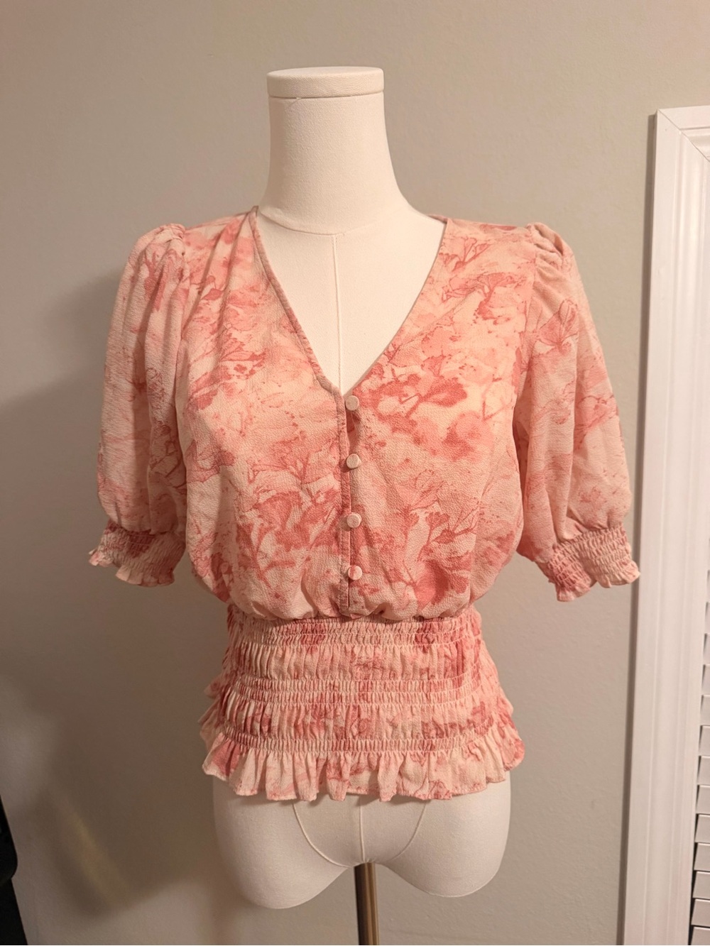 Express Pink Floral V-Neck Smocked-Hem Blouse